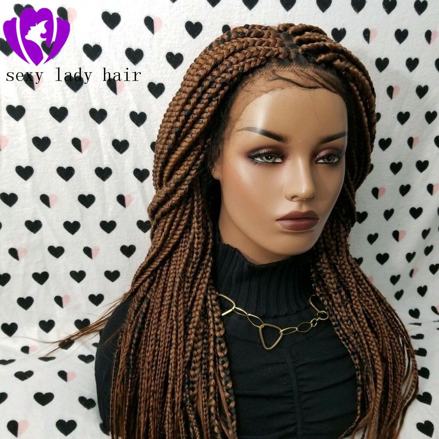 Long Natural Medium Brown Color Box Braids Wig Fully Handtied