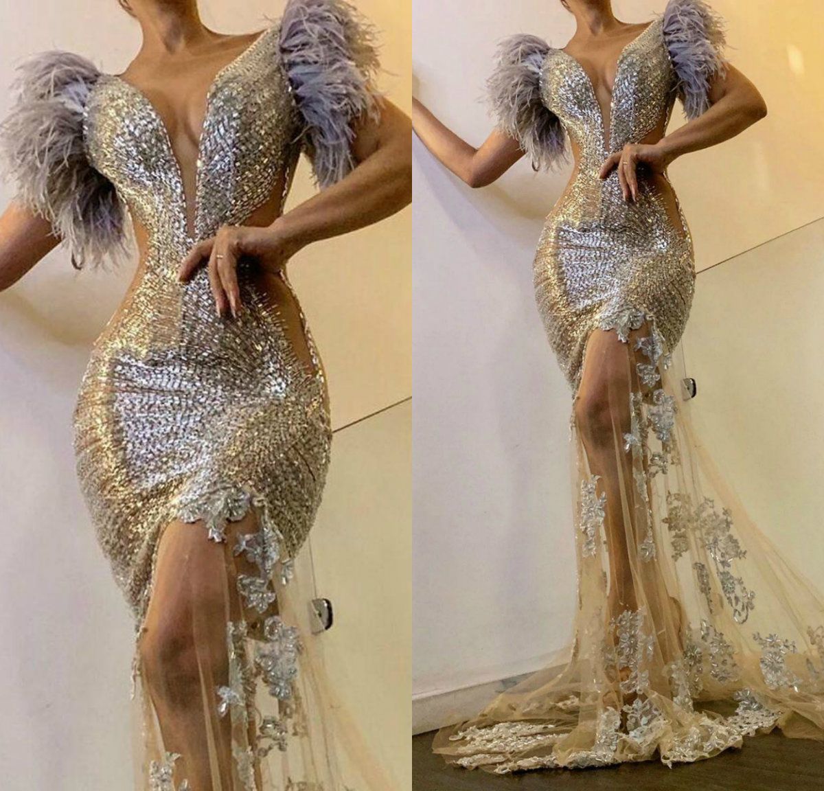 silver feather dress