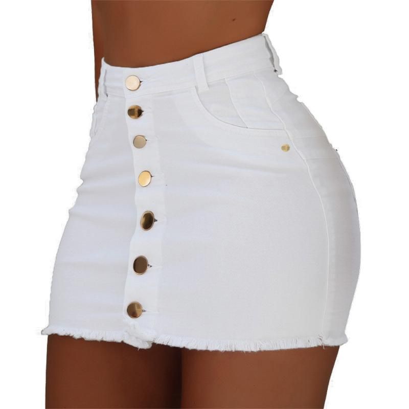 Skirts Fashion Solid White Black Women Button Denim Jeans Bodycon