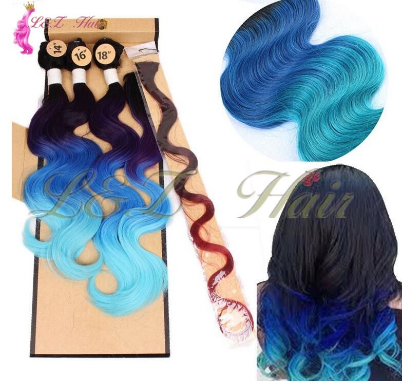 2020 Black Light Blue Synthetic Body Wave Hair Weaving Ombre Green