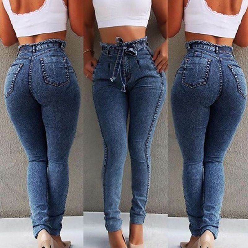 Nuevo pantalones de mujeres 2015 talla extra estirables pegados a la piel  alta cintura jeans pantalones de mujer azules negros tipo lapiz casual  delgados denim pantalones de 2 botones|high waist jeans pants|high
