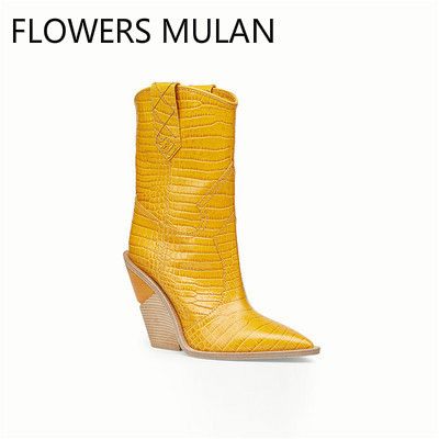 Großhandel Winter Chunky Stiefel Frauen Gelb Echtes Leder Krokoprägung Knöchel Kniehohe Stiefel Slip On Buckle Wedges Schuhe Mujer Von Teaberry, Details zu Stiefel, Cowboy Stiefel, Gr. 37, Kroko Prägung, echt Leder!!!