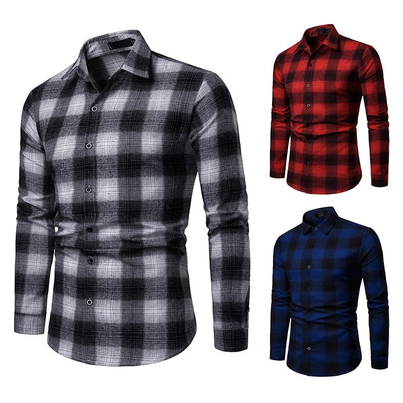 Nueva moda Camisas de larga para hombres 2019 Camisa a cuadros informal de algodón Diseñador de marca negocios Camisetas