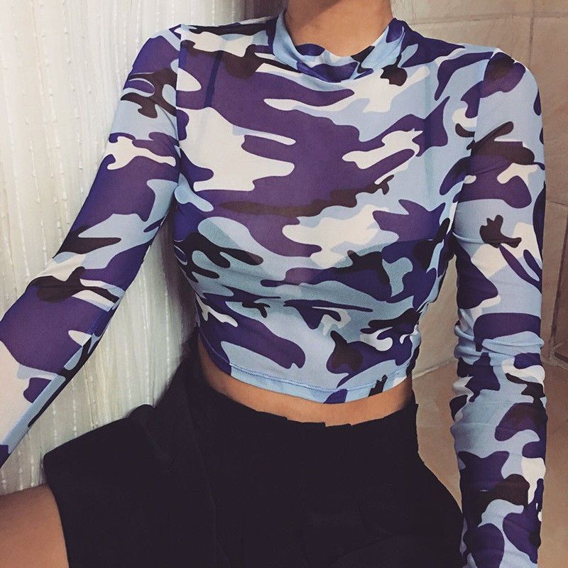 Fashion Women Camo Mesh Fish Net Crop 