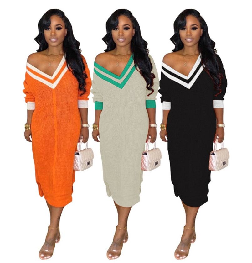 Women Casual Midi Knitted Dresses V Neck Long Sleeve Sweater Fashion Elegant Skirt Print Striped Split S 2xl Fall Winter Clothing 2293 Long Dress Striped Light Purple Dresses For Juniors From Trendy Clothes