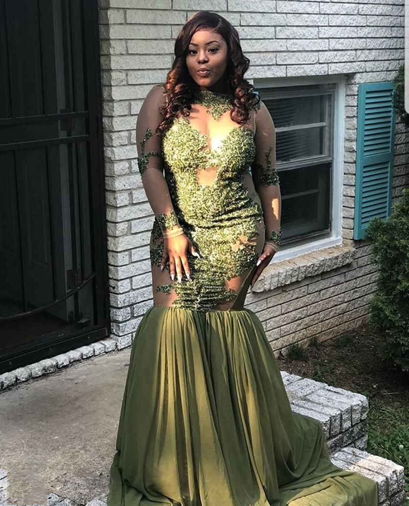 Olive Green Lace Mermaid Prom Dresses 