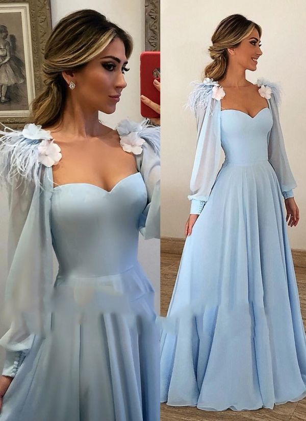 long sleeve prom dress with feathers