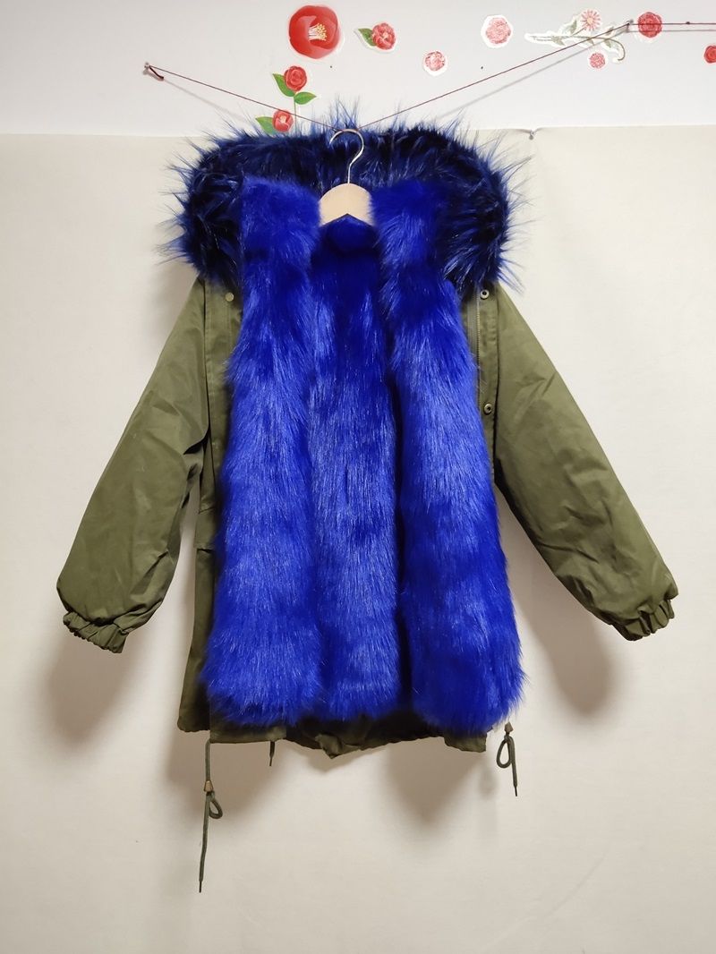 black coat with blue fur hood