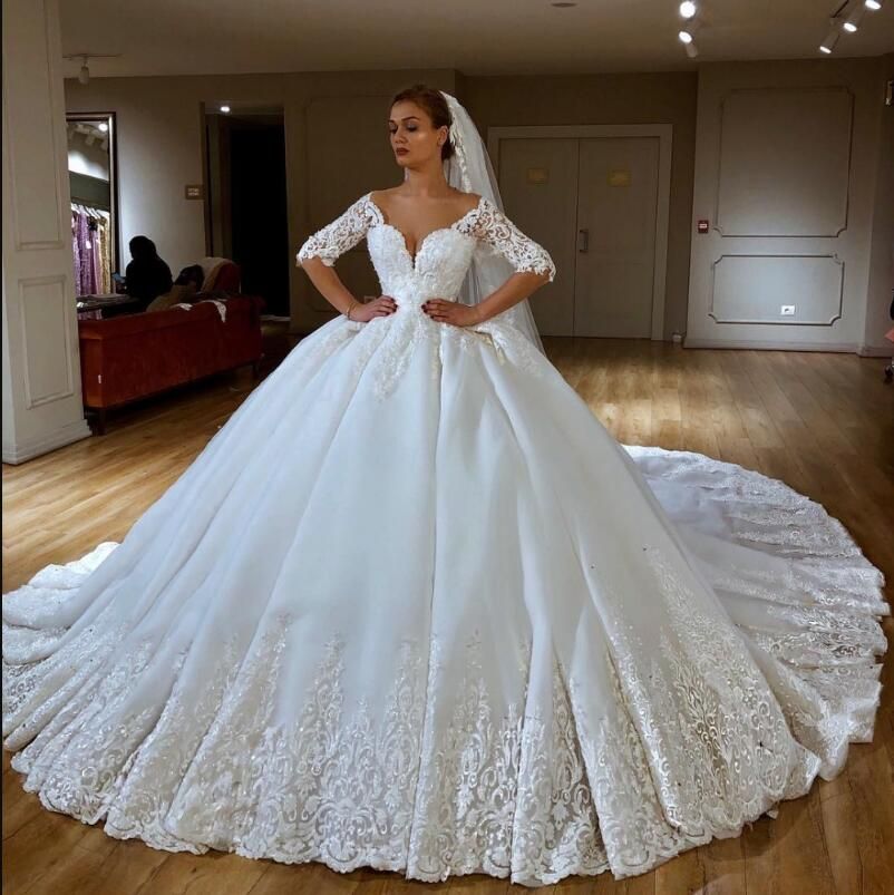 Half Long Sleeves White Wedding Dresses 