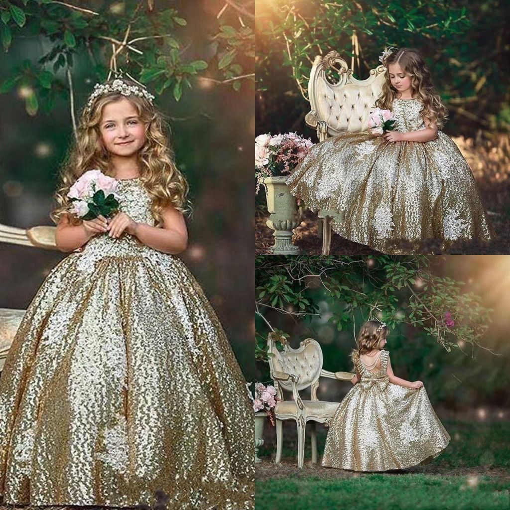 White Satin Flower Girls First Communion Long Dress Wedding Easter Party Sequins