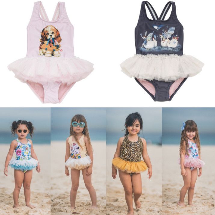 Acheter 2019 Nouvelles Filles Fleurs Chien Maillots De Bain Imprimés Enfants Dessin Animé Chat Princesse Siamois Princesse Natation Enfants Dentelle