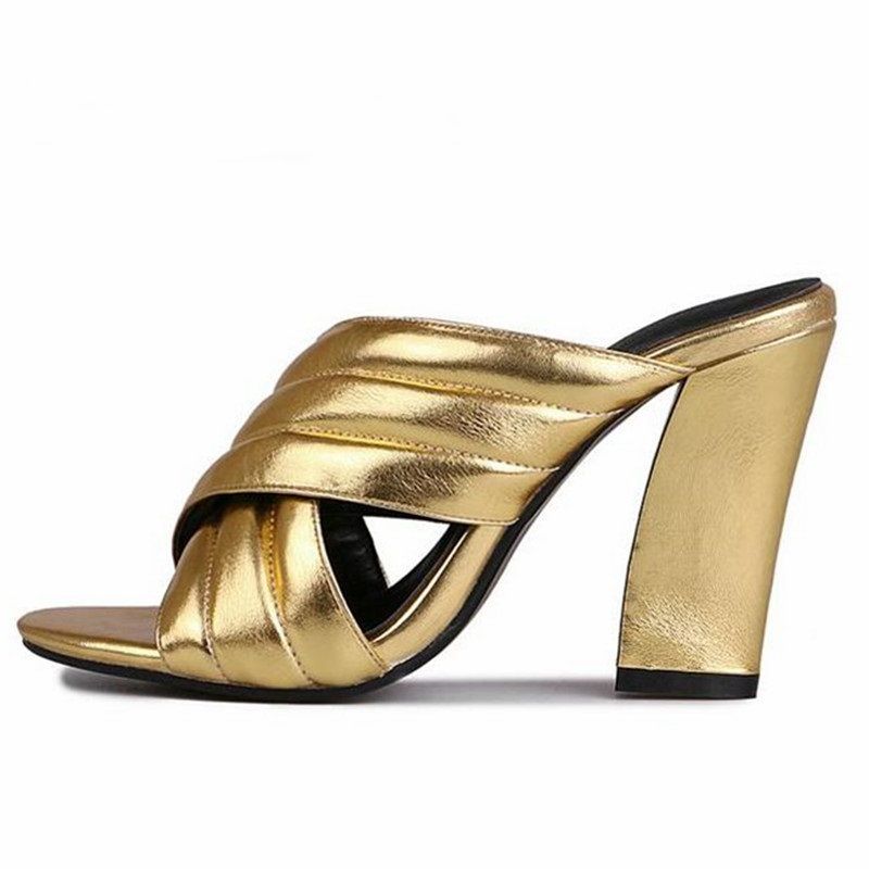 gold mules block heel