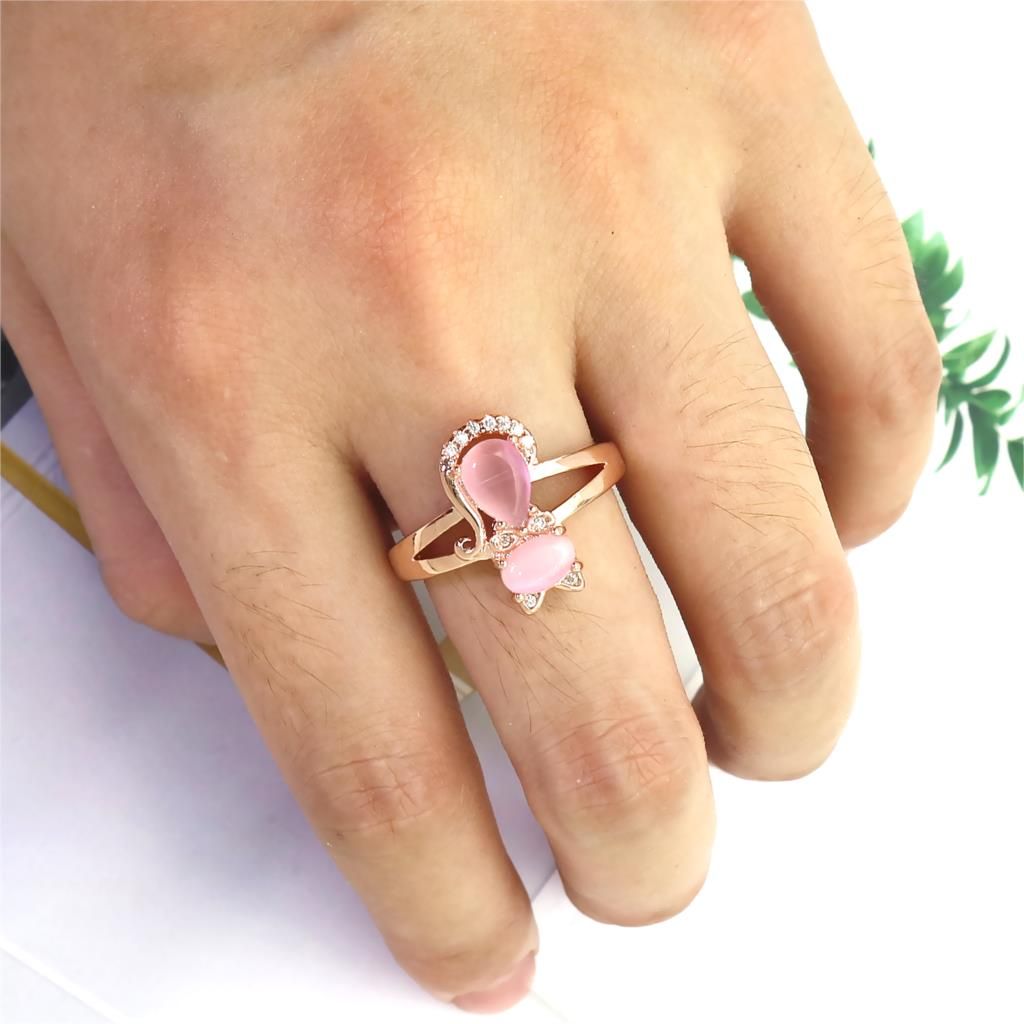 Finger Natural Crystal Pink Rose Gold Color Stone Cat Animal Jewelry Rings 