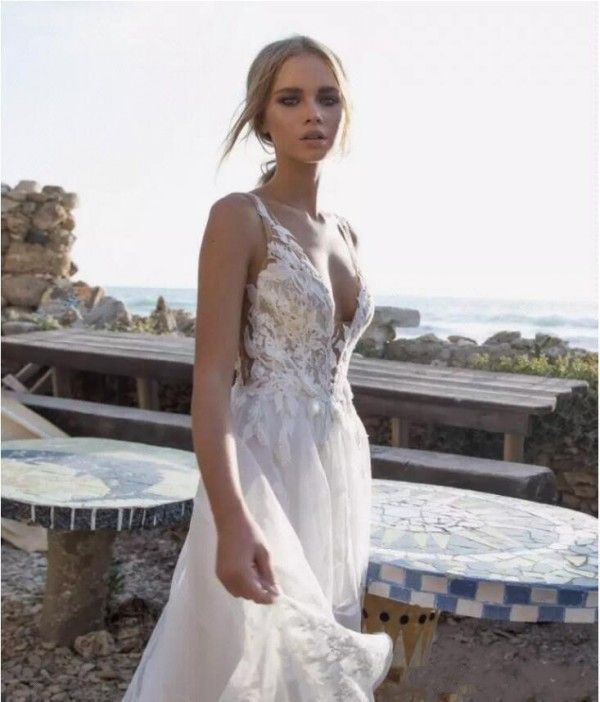 Discount 2019 Modern Sexy Beach Wedding Dresses Sheer Straps Backless A Line Sweep Train Pretty Lace And Tulle Gorgeous Summer Bridal Gowns Bridal