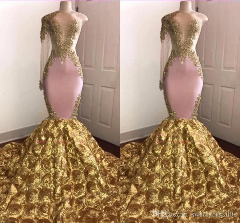 African One Shoulder Mermaid Prom Dress 2019 Sexy Gold Appliqued ...
