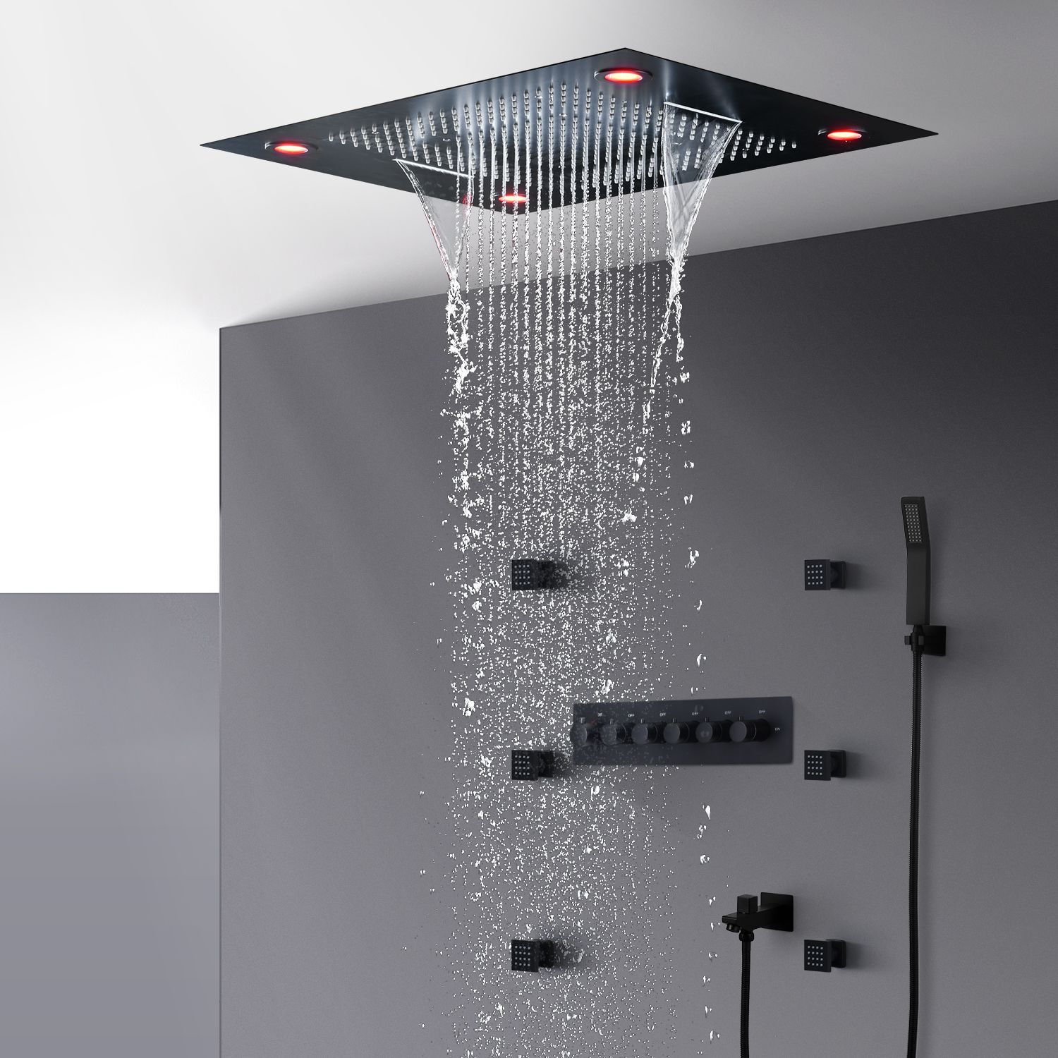 2019 Black Shower Set 2019 Modern Hotel Concealed Ceiling Shower Dual Rain Top Showerhead Waterfall Body Jets 2 Inch Massage Bath From Jmhm 1668 35