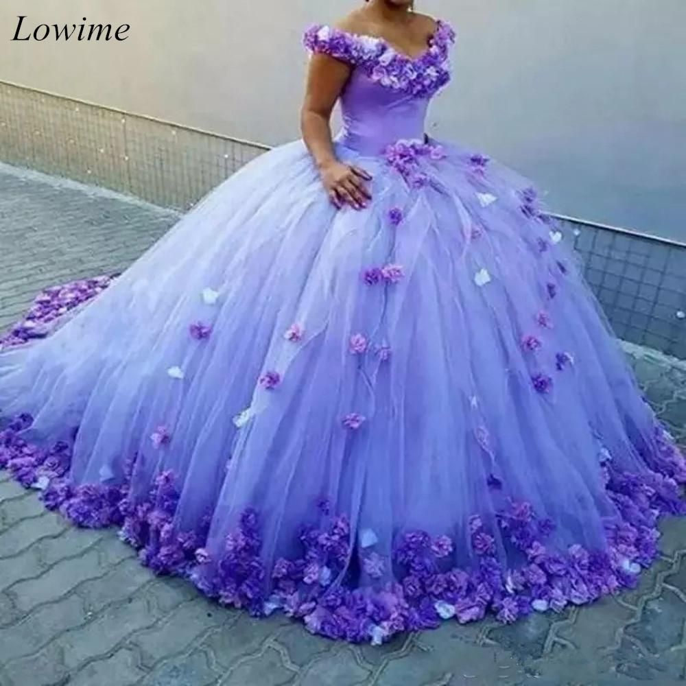 2020 Lilac Bola hinchada Vestidos Quinceañera Vestidos Cinderalla  Cinderalla Off Hombro Flores 3D Cospllay Formal Dress