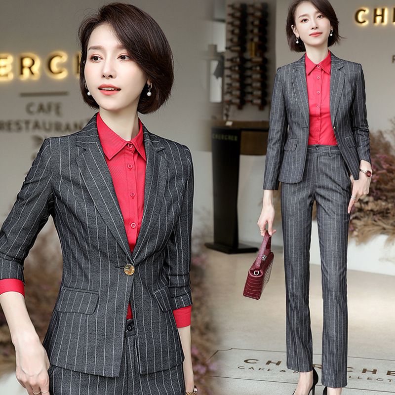 2020 Womens Work Pants Suits For Women Black Grey Stripes Business
