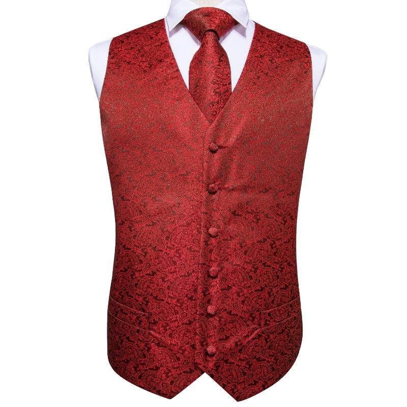 Best Mens Vests Vest Red Floral Silk Wedding For Men Bowtie Hanky Cufflinks NeckTie Set Suit