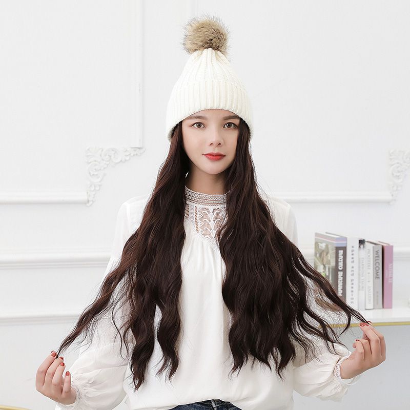 White Knitted Hat With Wig Womens Long Curly Hair Internet