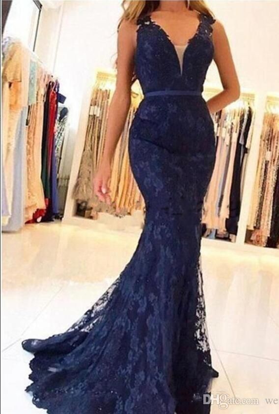 navy mermaid prom dress