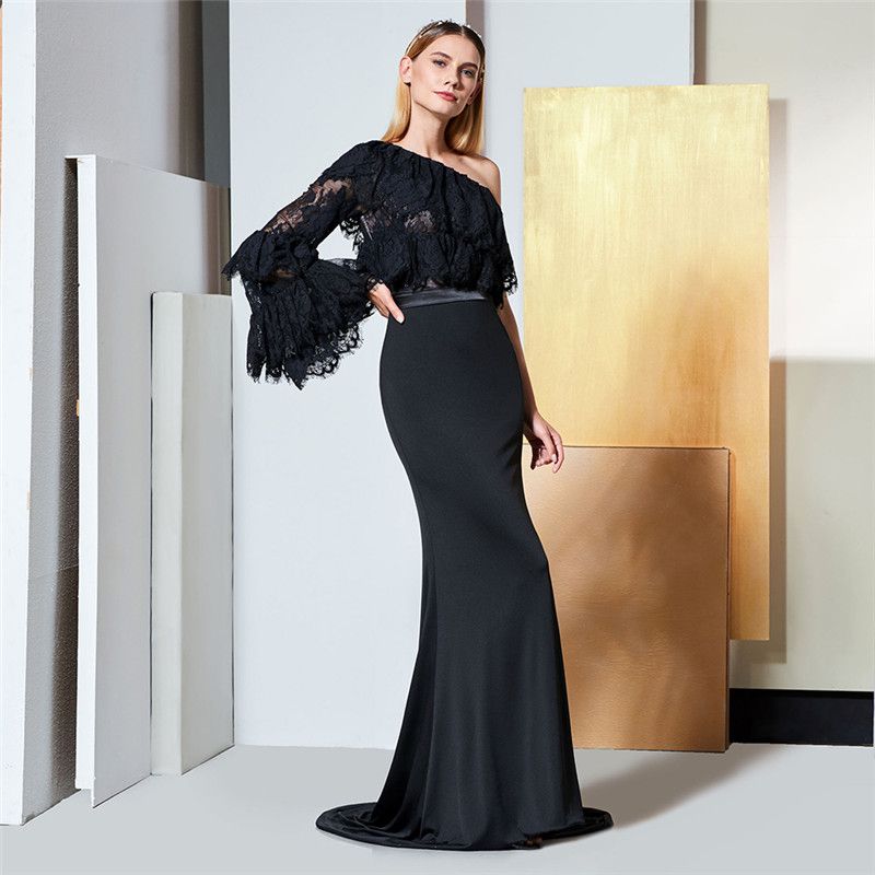 2018 Nuevos vestidos de noche negros Elegantes vestidos fiesta de encaje con