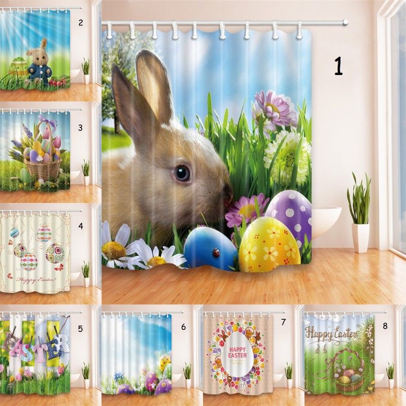Spring Easter Cute Rabbit Colorful Eggs Shower Curtain Bathroom Accessory Sets 