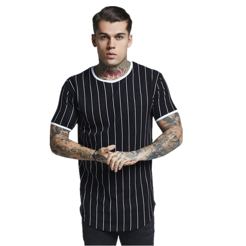 Mens Cotton Striped Long Tshirt Summer Black Dark Green Longline Short ...