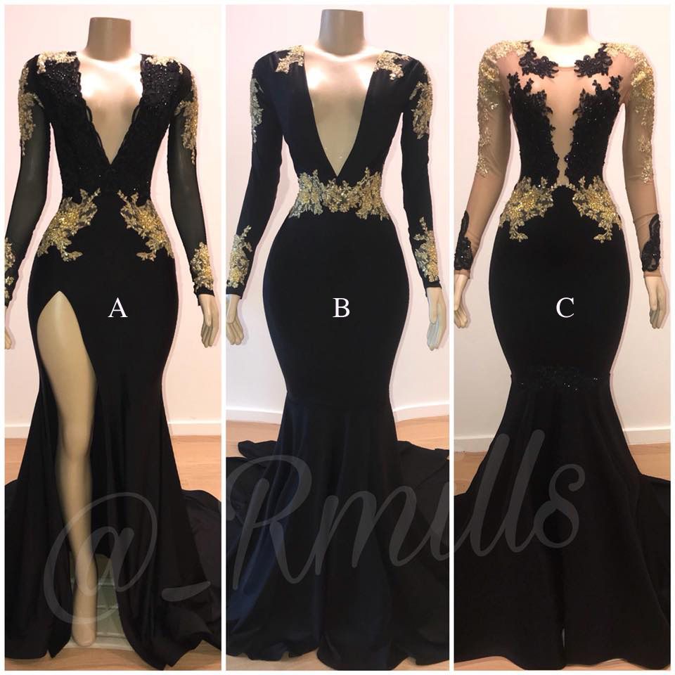 black and gold gown with sleeves