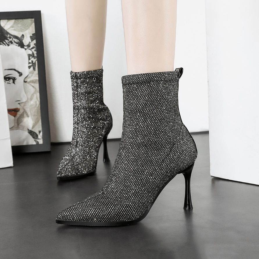 Ankle Boots Woman Pointed Toe Socks Boot Fashion High Heels Shoes Ladies Glitter Slip On Booties Zapatos De Mujer Black Gray Over Knee Boots Boots For