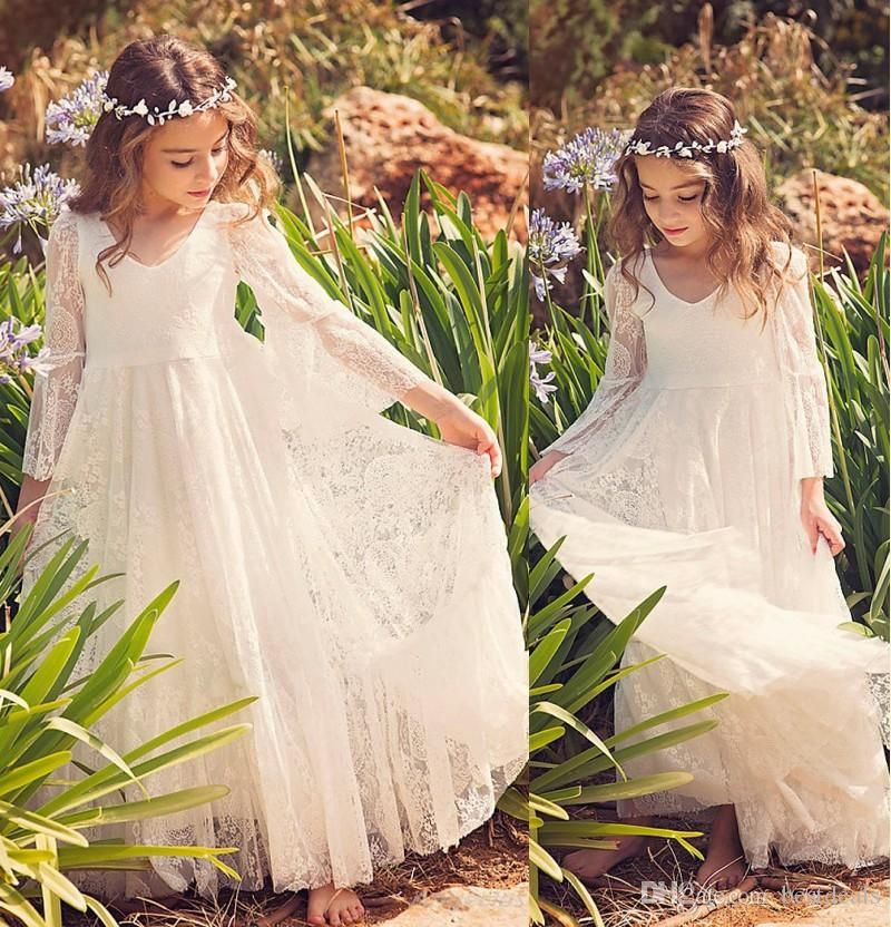 Nube Integrar Lima NUEVA Playa Flor Girl Vestidos Blanco Marfil Boho Primera Comunión Vestido  para niña con cuello en