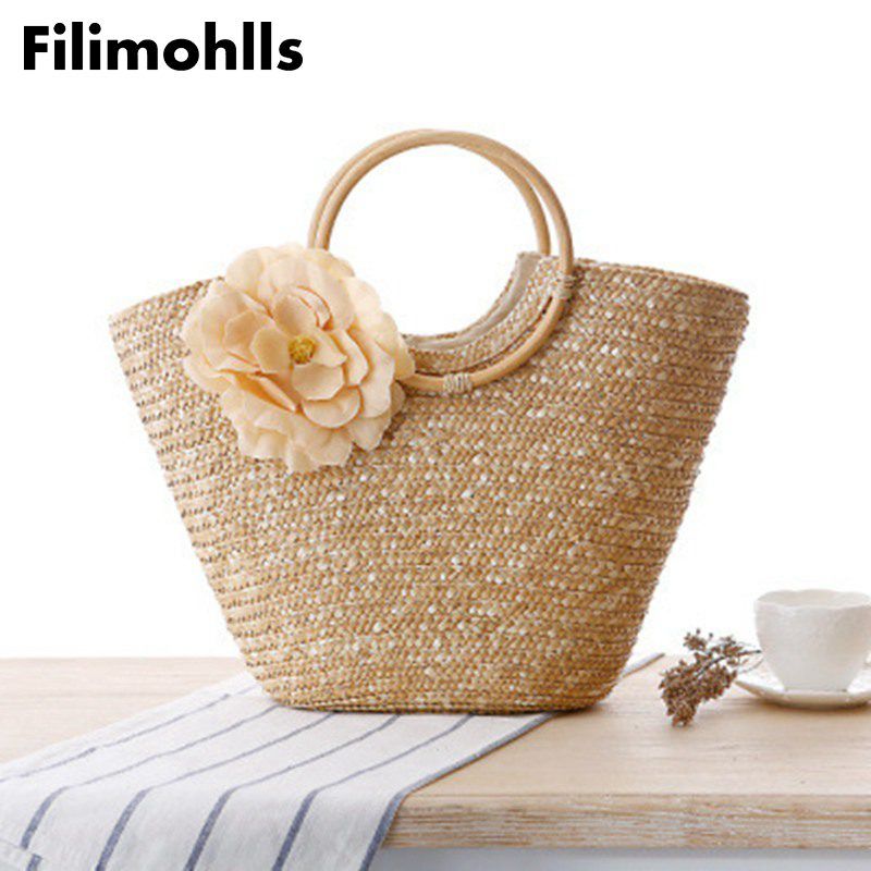 Flores Bolsa de paja Bolsa de playa para vacaciones de ocio Bolso las