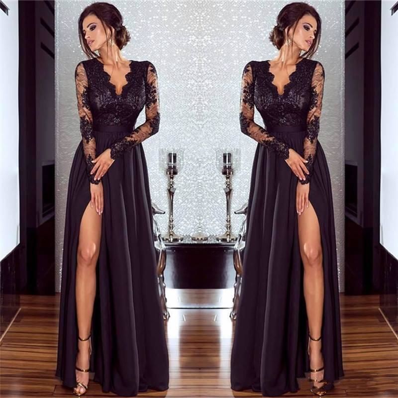 2020 Sexy Black Prom Dresses V Neck Lace Applique Long Sleeve