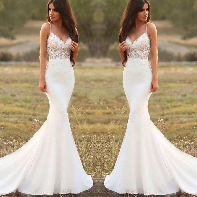 2020 Country Mermaid Wedding Dresses Spaghetti Backless Sweep Train