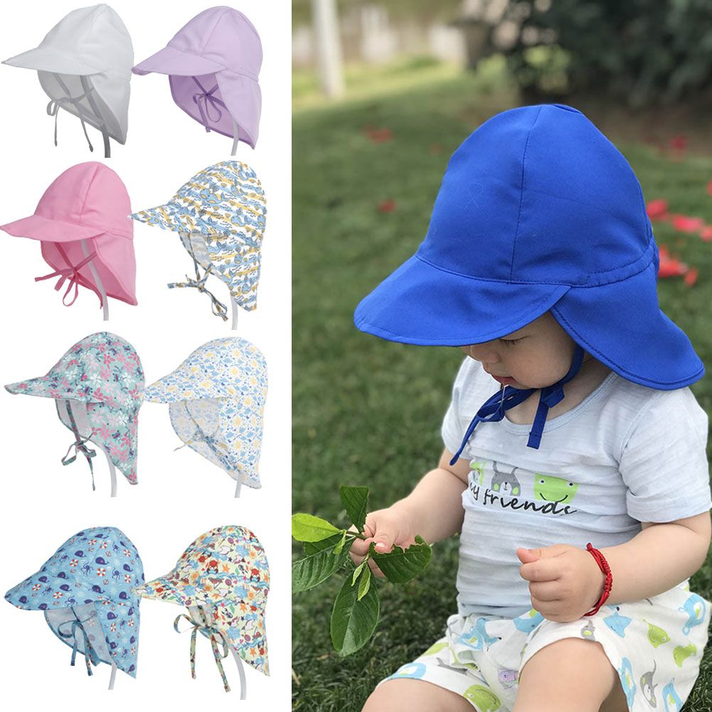 Swim Hat Breathable Baby Sun Hat Neck Flap Cartoon Printed Sun Protection Cap 
