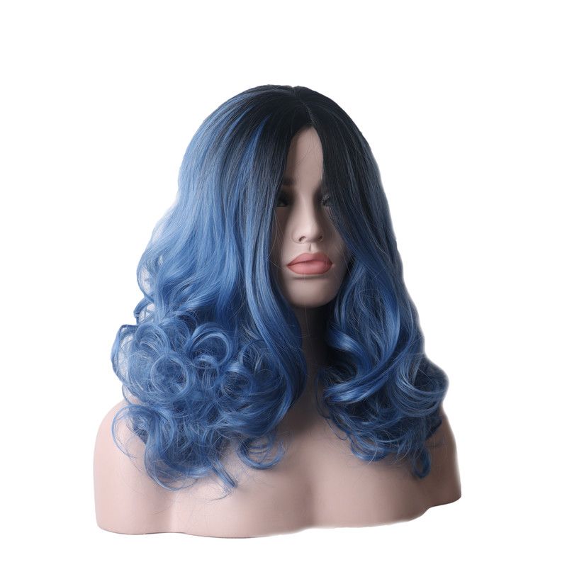 WoodFestival Ombre Black Blue Wig Synthetic Hair Curly Cosplay Wigs For Women Rainbow Colored Female Medium Length 18Inches
