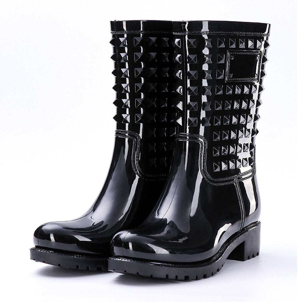 2019 Womens wedge heel Rain Boots Rubber 4 style Wellies Mid-Calf boots Black