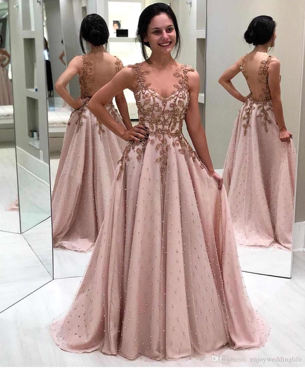 light pink lace prom dress