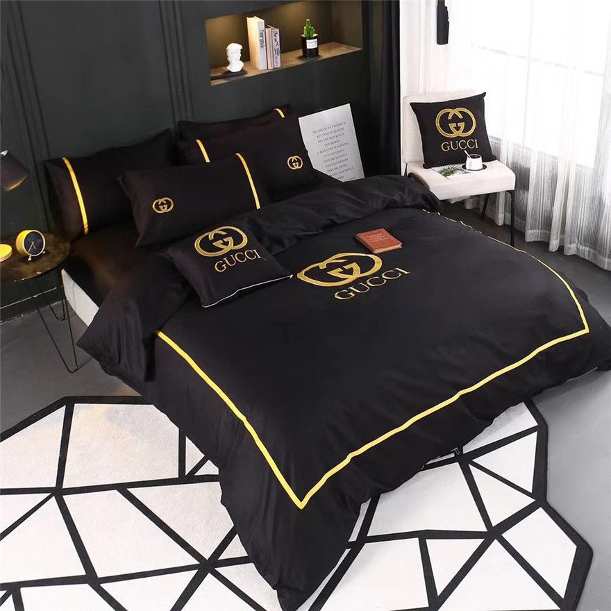 4 Brand Mix Bedding Suit Black Gold Border Embroidery All Cotton