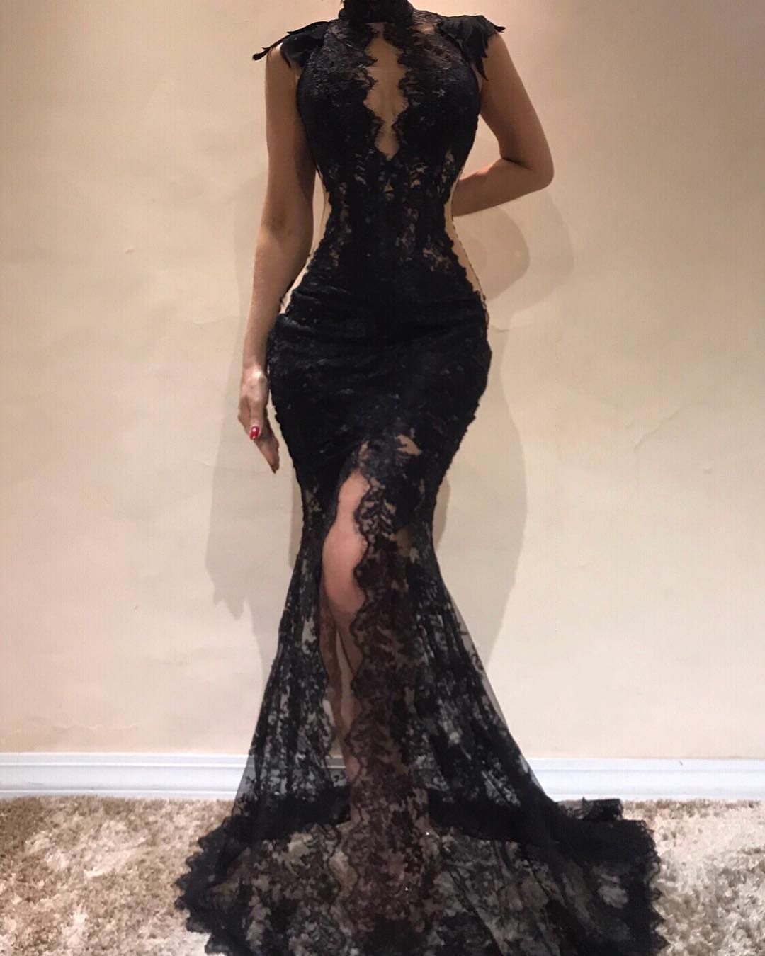 Black Full Lace Prom Dress High Slit ...