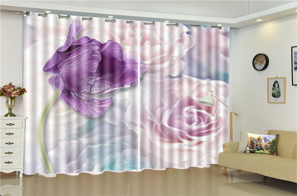 2019 Curtain Promotion Purple Flowers Pink Rose 3d Flower Curtains