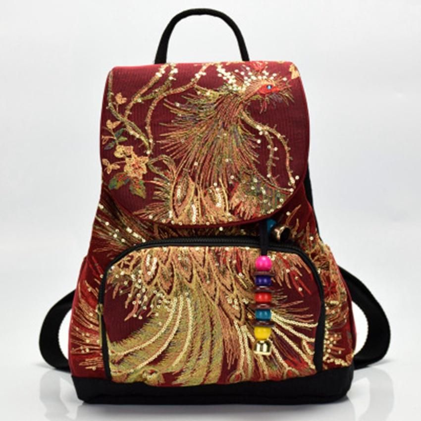 Large Women Backpack Bag Canvas Rucksack With Drawstring Closure Peacock Pattern