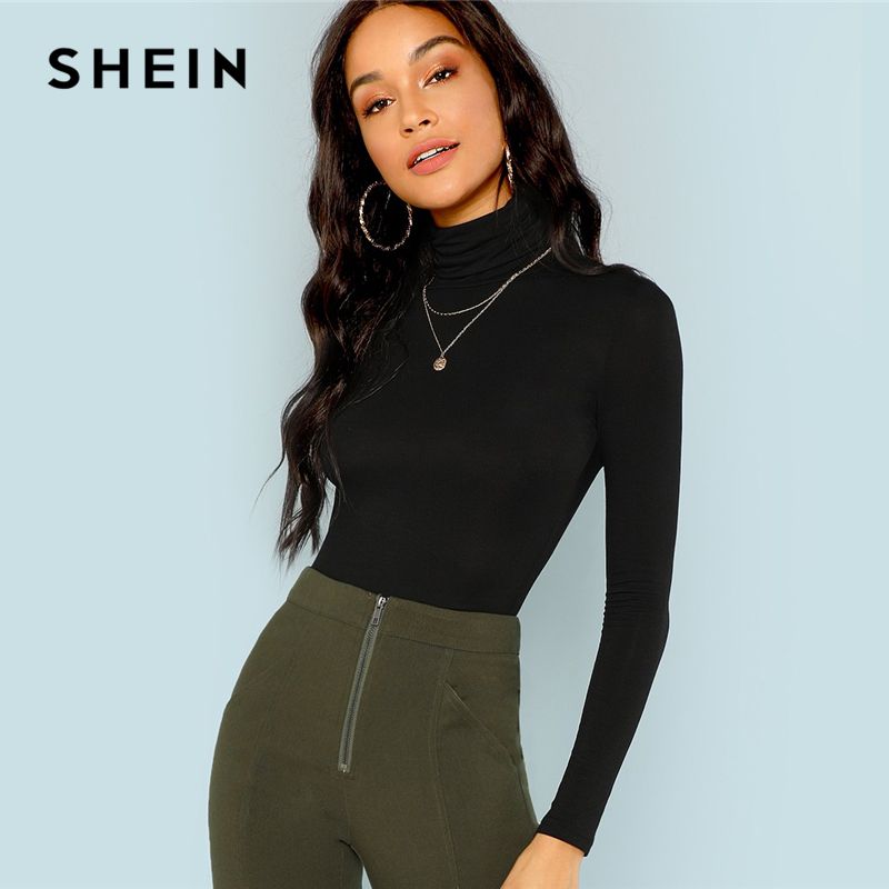 Compra SHEIN Cuello Alto Negro Slim Fit T Shirt Ropa De Trabajo Oficina  Damas Llanura Cuello Alto Camiseta De Manga Larga Mujer Otoño Minimalista  Barato | Entrega Rápida Y Calidad | Es.Dhgate