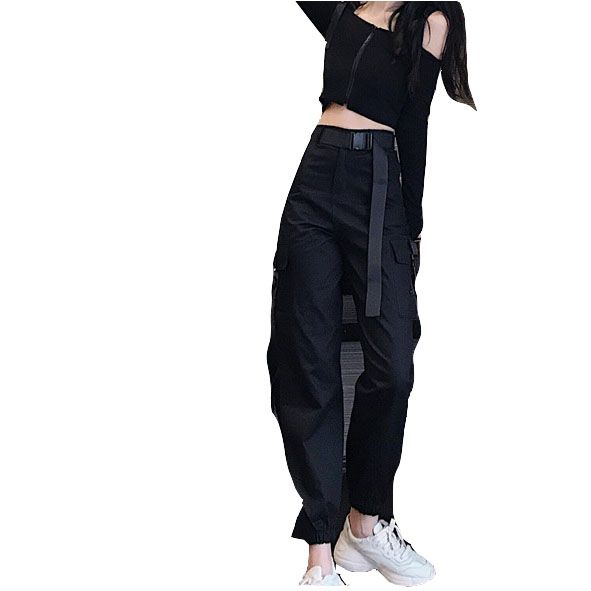 2019 último estilo de moda pantalones de casual jogger negro cintura alta