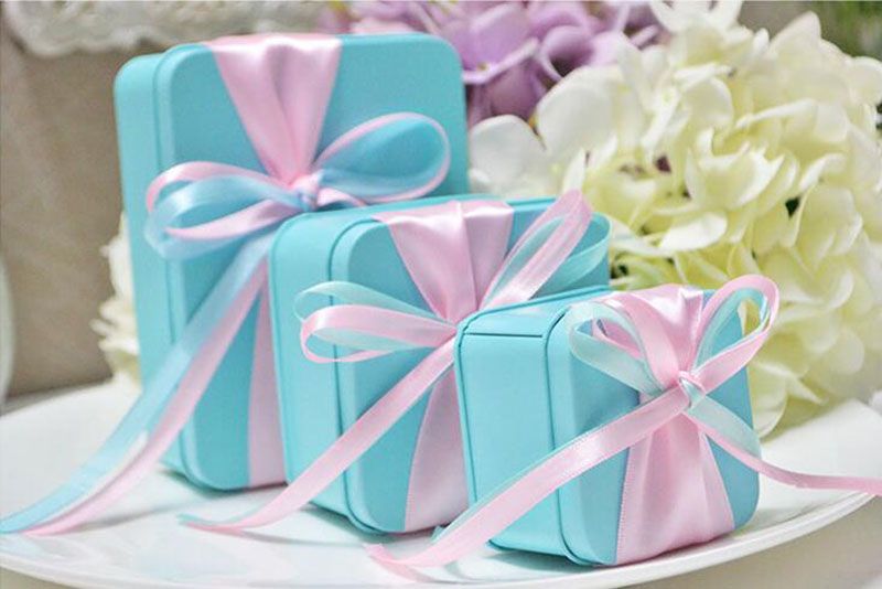 Tiffany Blue Tin Boxes With Ribbons Wedding Event Party Supplies