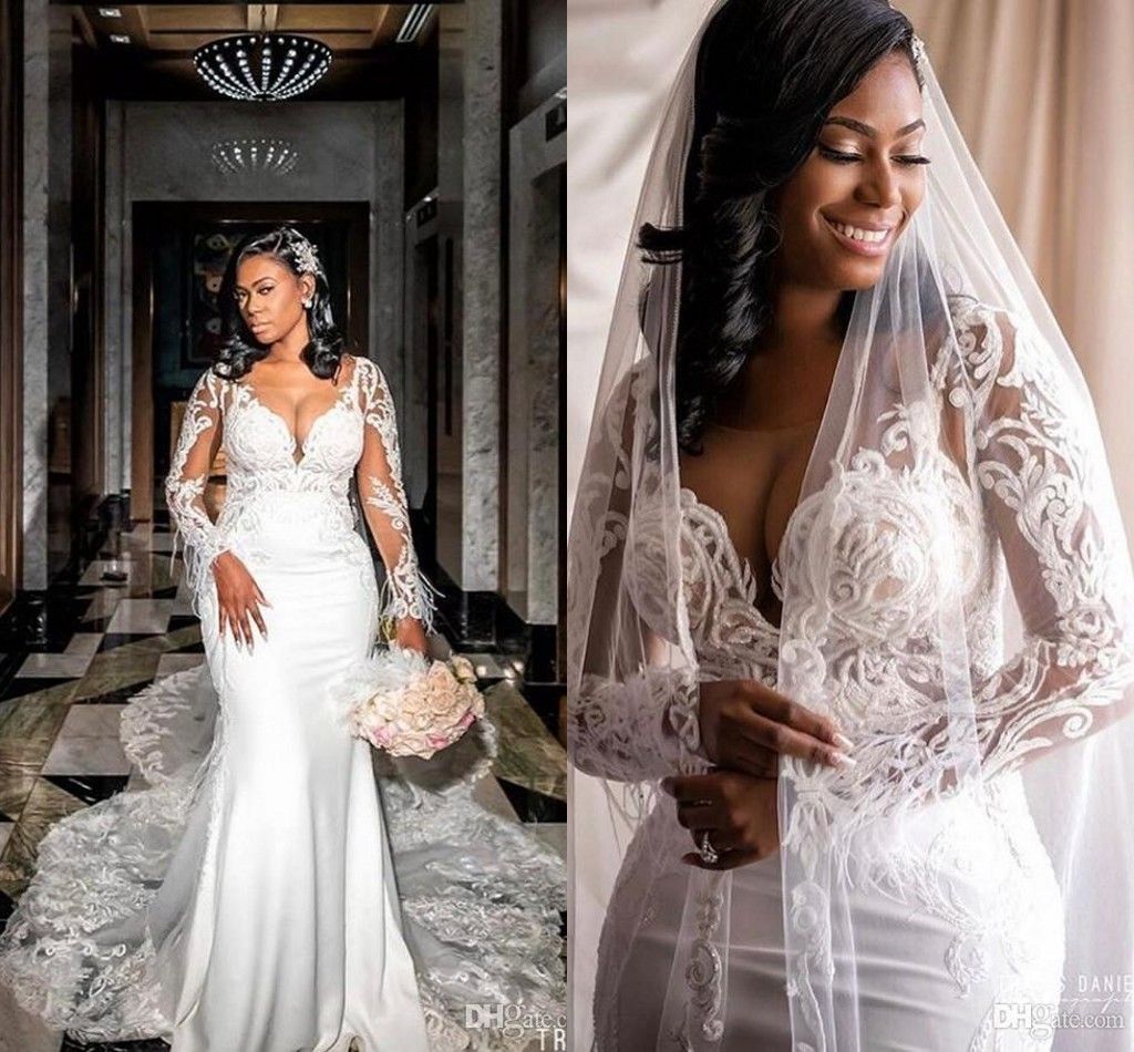 plus size mermaid wedding dress with lace sleeves