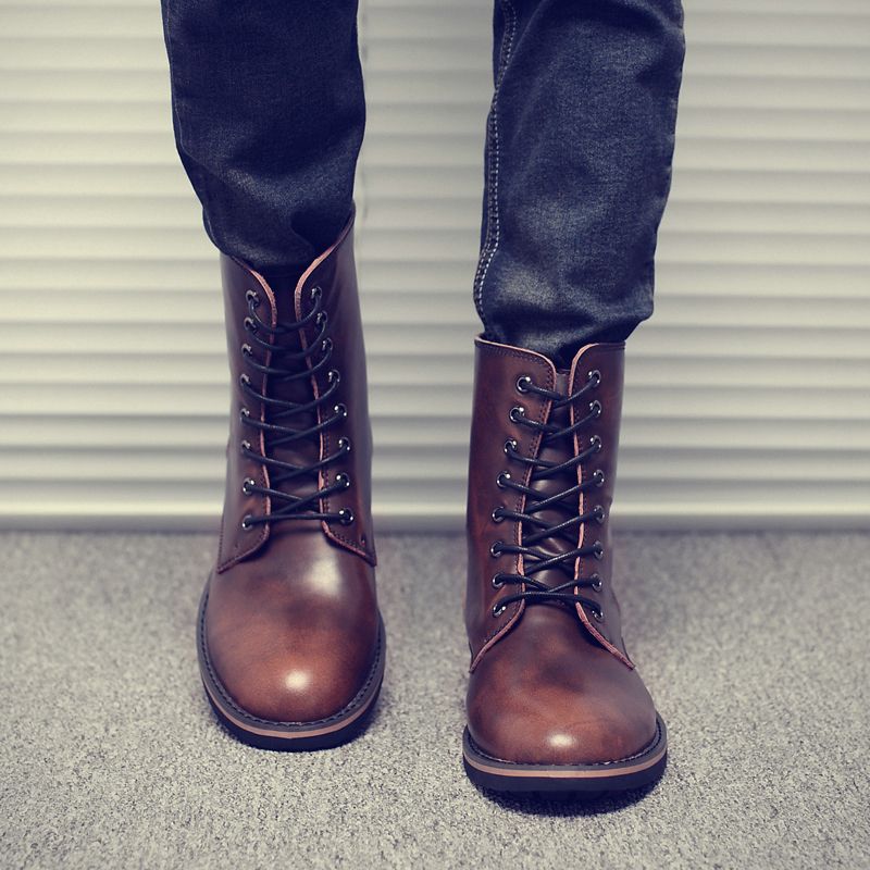 Winter Leather Mens Boots Casual Martin Boots Denim High Top Boots