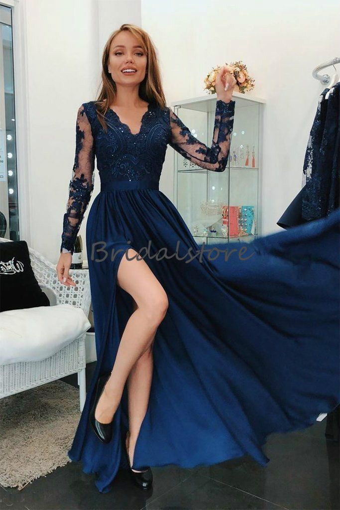 Navy Blue Long Sleeve Prom Dresses 