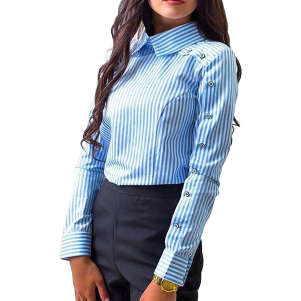 Blusa Con Botones De Larga Y Rayas De Moda Para Mujer Camisa Con Caído Tops OL De 33,07 € | DHgate