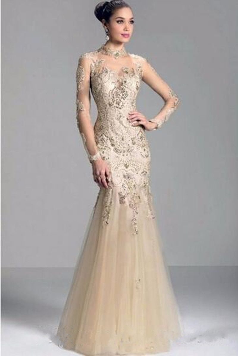 Compra 2019 Nuevo Vestido De Noche Elegante Con Cuello Alto Apliques De  Manga Larga Vestidos De Baile Palabra De Longitud Vestidos De Fiesta  Formales Vestido De Festa Barato | Entrega Rápida Y